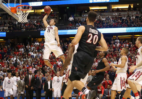 Aaron Gordon (11) had 15 points, six rebounds and two blocks in Arizona's Sweet 16 win over San Diego State. (Jeff Gross/Getty Images)